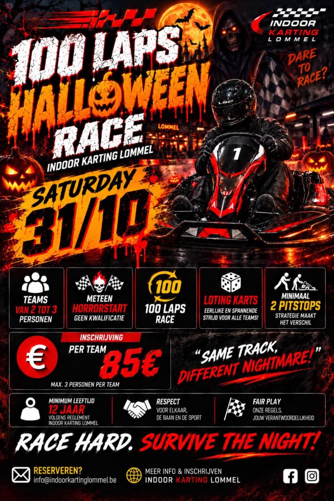 Poster 100 Laps Halloween Race – Indoor Karting Lommel, zaterdag 31 oktober 2026